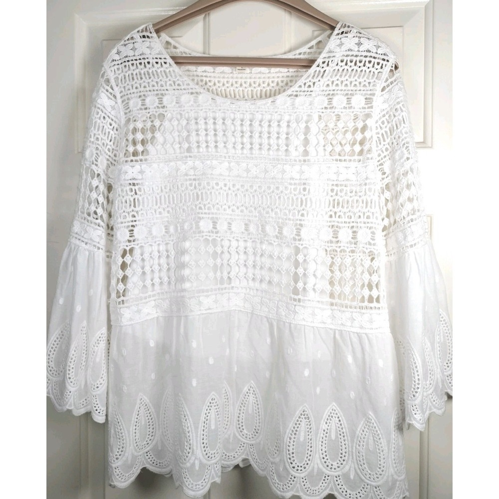 Ultra Pink Boho Crochet Eyelet Blouse Womens Small White Bell Sleeve Cottagecore